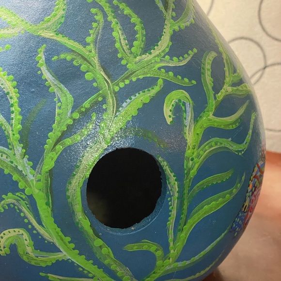 Hand crafted painted blue FISH  bird house blue dry gourd multicolored dotted - Picture 10 of 14